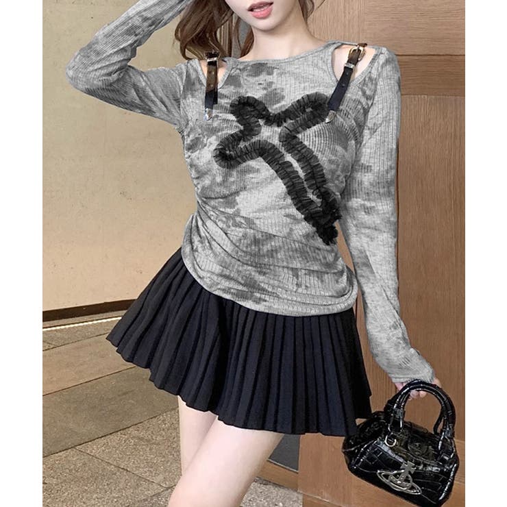 サイドシャーリングクロス柄長袖トップス 肩ベルト付き ロンT | Riff | 詳細画像5 