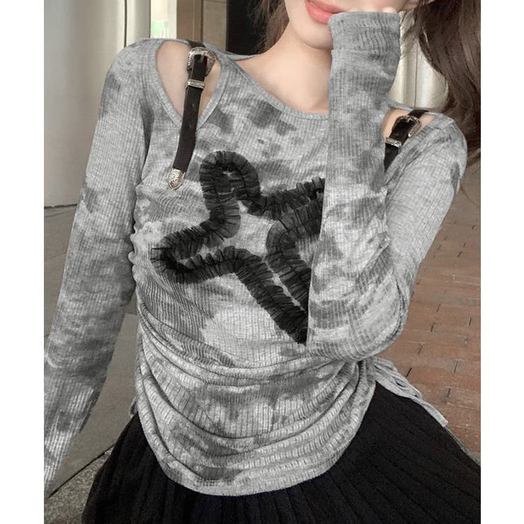 サイドシャーリングクロス柄長袖トップス 肩ベルト付き ロンT | Riff | 詳細画像7 