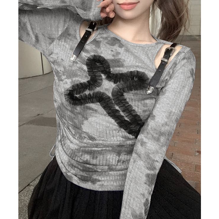 サイドシャーリングクロス柄長袖トップス 肩ベルト付き ロンT | Riff | 詳細画像8 