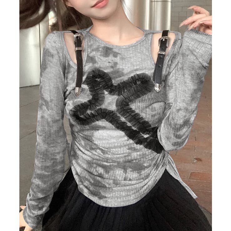 サイドシャーリングクロス柄長袖トップス 肩ベルト付き ロンT | Riff | 詳細画像9 