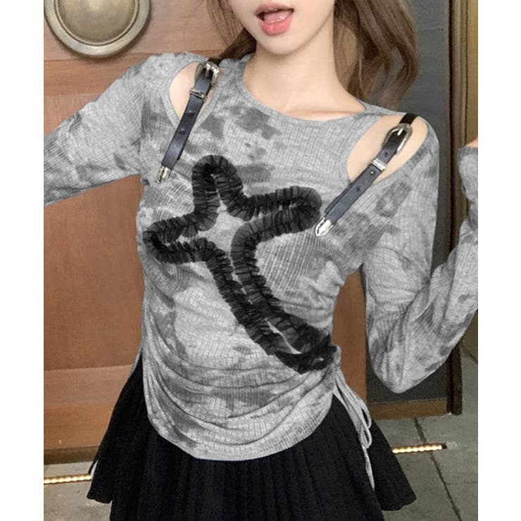 グレー | サイドシャーリングクロス柄長袖トップス 肩ベルト付き ロンT | Riff