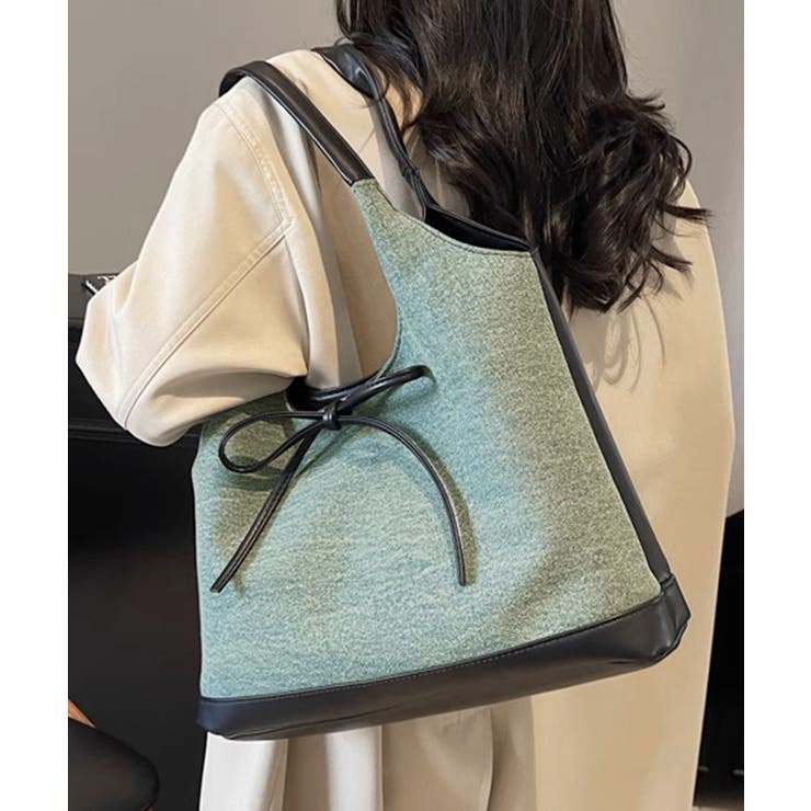 ブラック | 異素材切り替えトートバッグ リボン ハンドバッグ | Riff