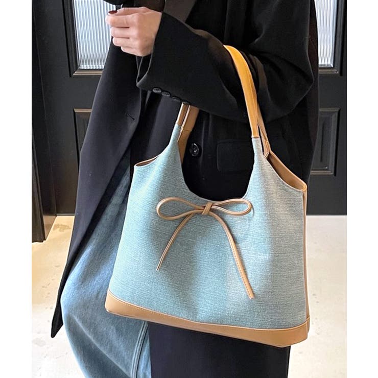 ブルー | 異素材切り替えトートバッグ リボン ハンドバッグ | Riff