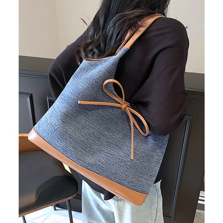 ネイビー | 異素材切り替えトートバッグ リボン ハンドバッグ | Riff