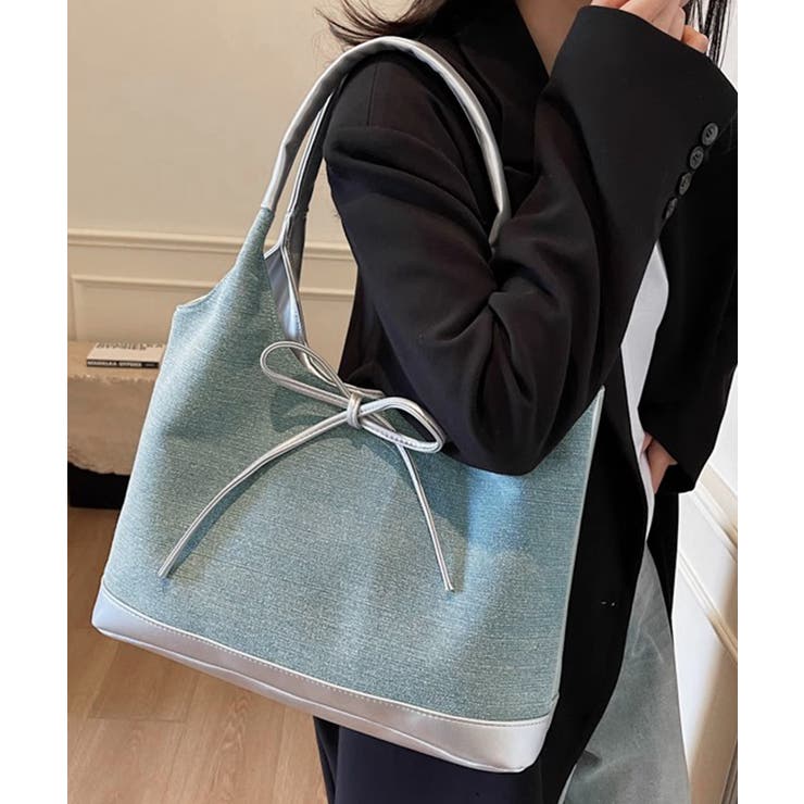 シルバー | 異素材切り替えトートバッグ リボン ハンドバッグ | Riff