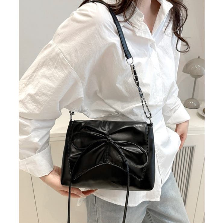 ブラック | フロントリボンショルダーバッグ チェーンバッグ クラッチバッグ | Riff