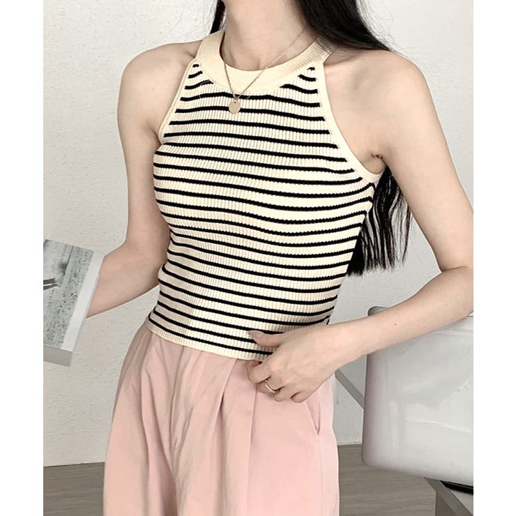 ホルターネックボーダーニットタンクトップ リブニット バイカラー | Riff | 詳細画像10 