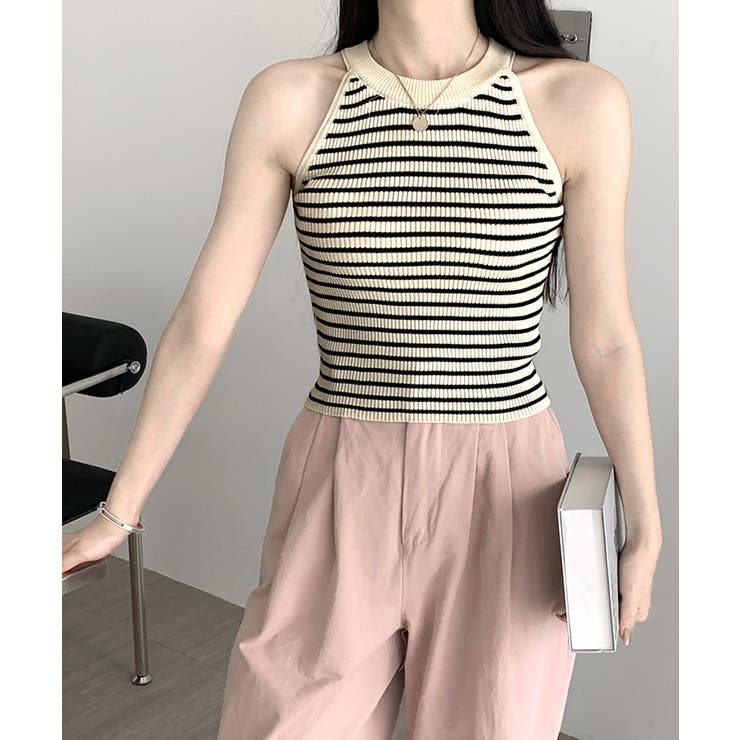 ホルターネックボーダーニットタンクトップ リブニット バイカラー | Riff | 詳細画像11 