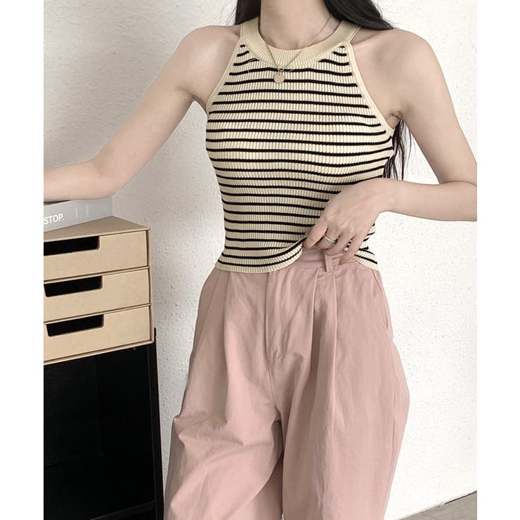 ホルターネックボーダーニットタンクトップ リブニット バイカラー | Riff | 詳細画像12 