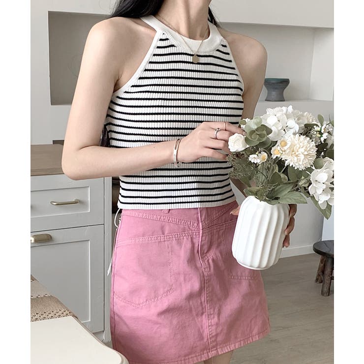 ホルターネックボーダーニットタンクトップ リブニット バイカラー | Riff | 詳細画像2 