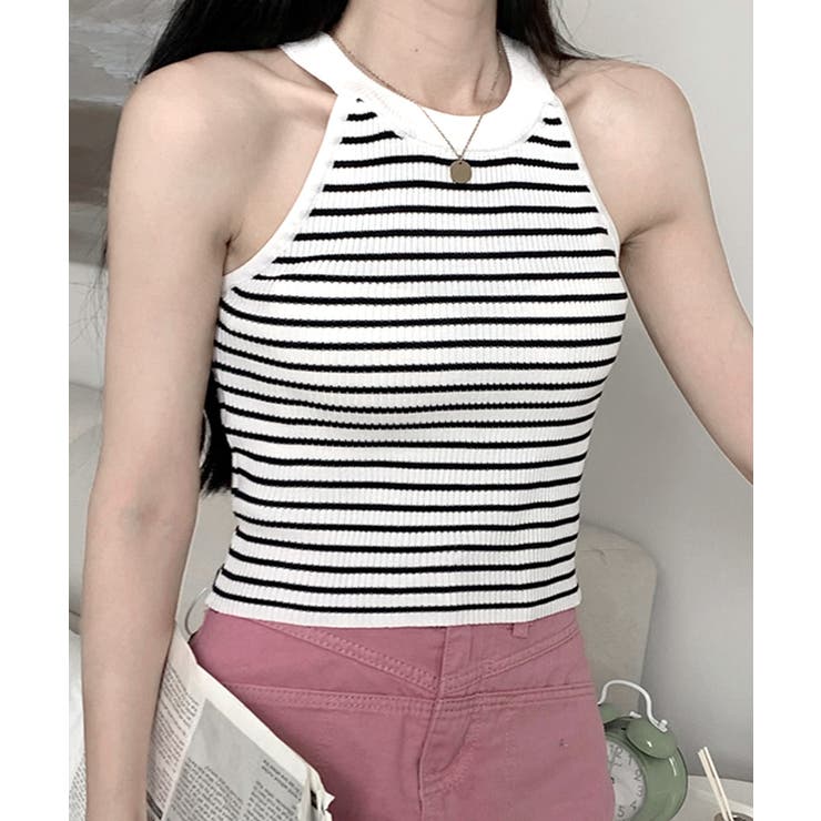 ホルターネックボーダーニットタンクトップ リブニット バイカラー | Riff | 詳細画像4 