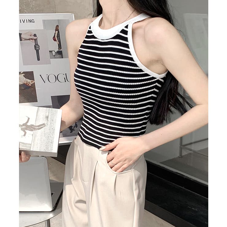 ホルターネックボーダーニットタンクトップ リブニット バイカラー | Riff | 詳細画像8 