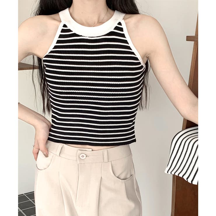 ホルターネックボーダーニットタンクトップ リブニット バイカラー | Riff | 詳細画像9 