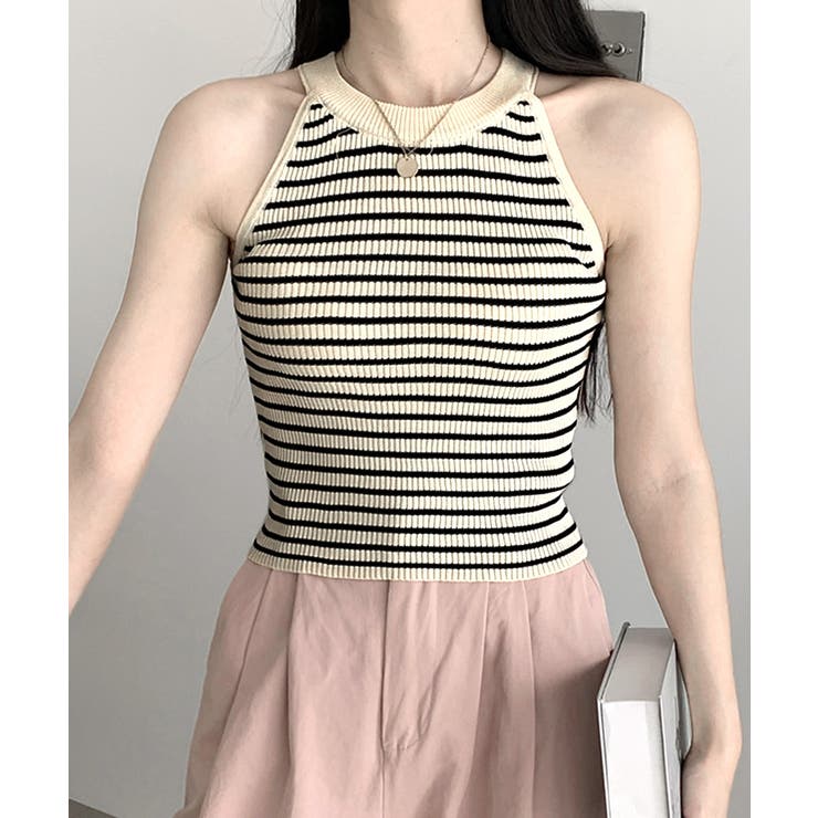 ベージュ | ホルターネックボーダーニットタンクトップ リブニット バイカラー | Riff