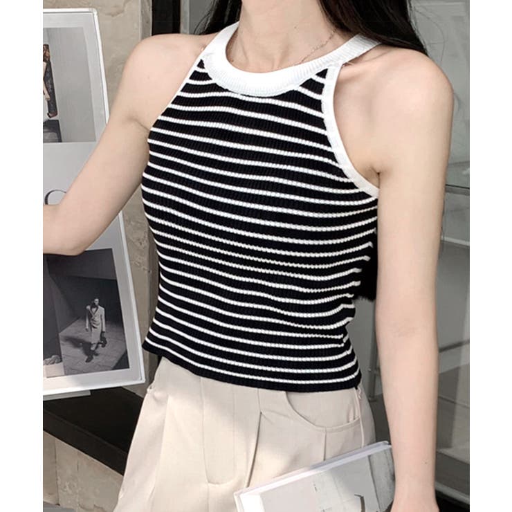 ブラック | ホルターネックボーダーニットタンクトップ リブニット バイカラー | Riff