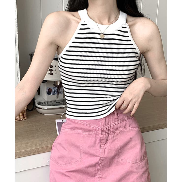 アイボリー | ホルターネックボーダーニットタンクトップ リブニット バイカラー | Riff