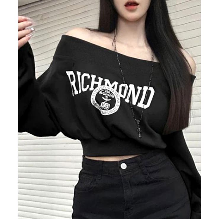 ブラック | ロゴプリントオフショルトレーナー ショート丈 クロップド丈 | Riff