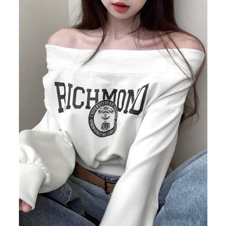 ホワイト | ロゴプリントオフショルトレーナー ショート丈 クロップド丈 | Riff