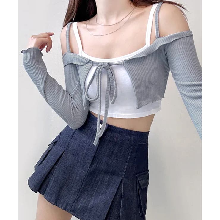 ブルーグレー | オフショルカーディガン ショート丈 リボン | Riff