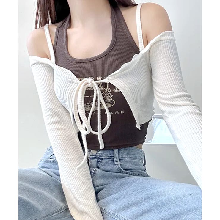 ホワイト | オフショルカーディガン ショート丈 リボン | Riff