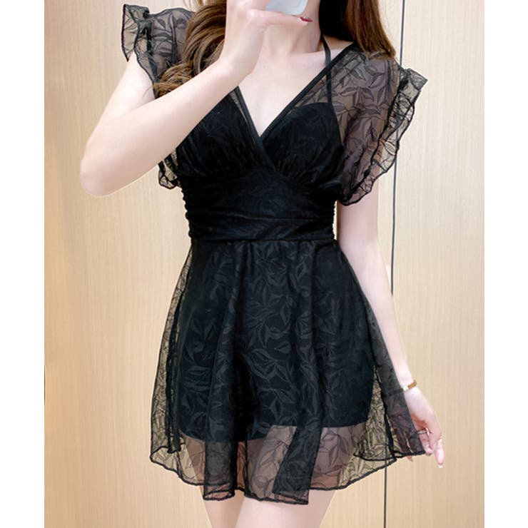 ブラック | レースワンピース水着 カシュクール フリル | Riff