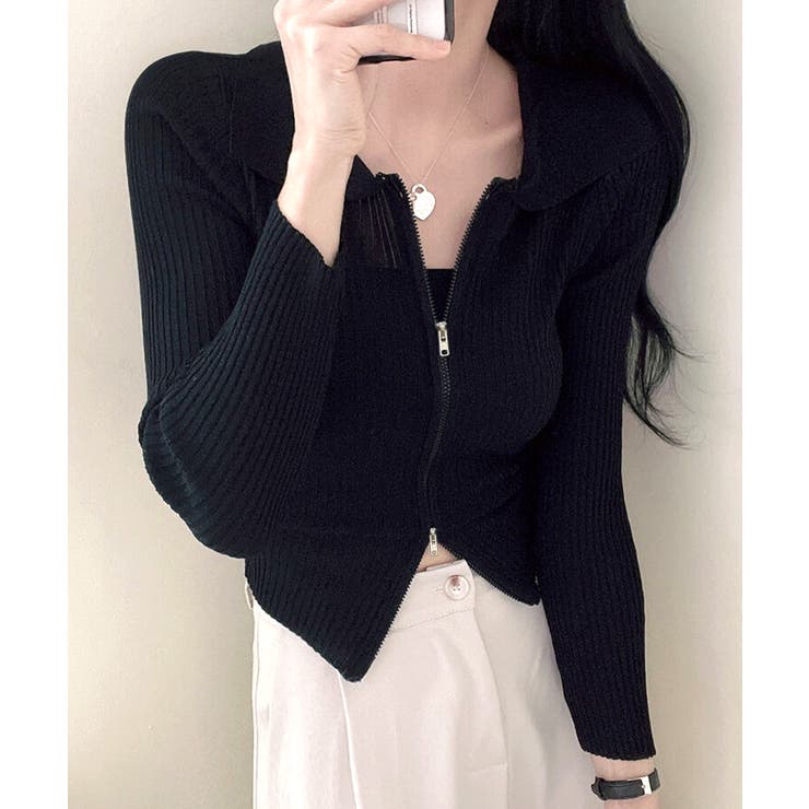 ブラック | ダブルジップトップス リブニット カーディガン | Riff