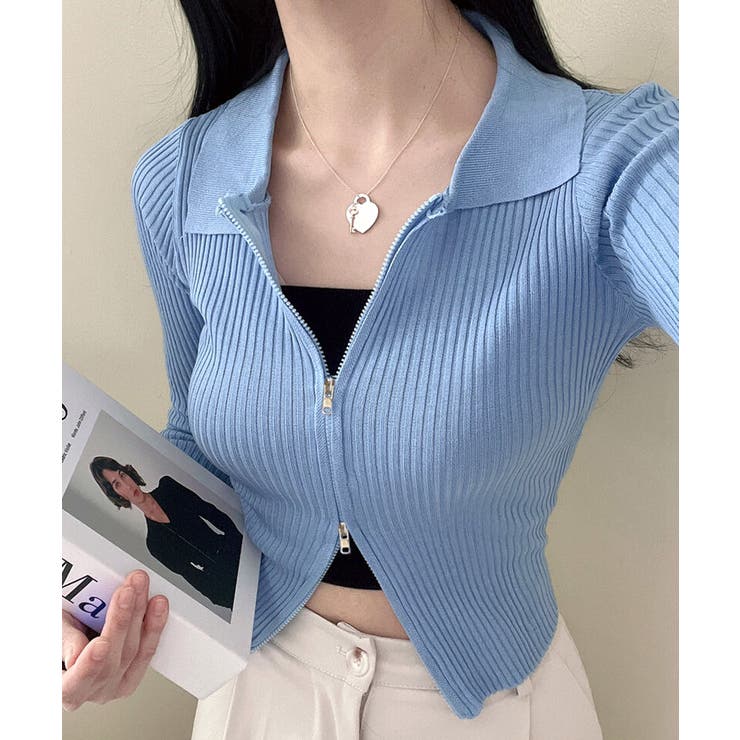 サックス | ダブルジップトップス リブニット カーディガン | Riff