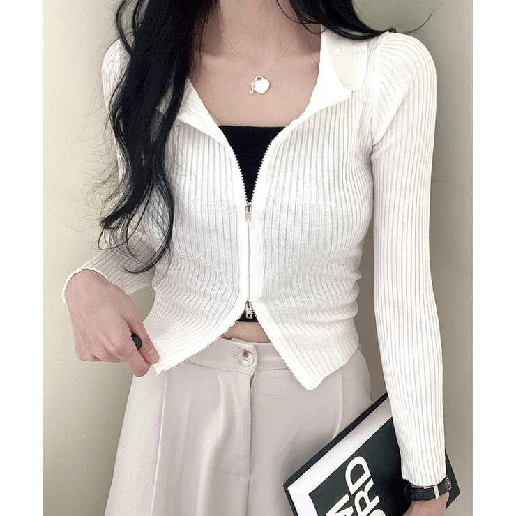 ホワイト | ダブルジップトップス リブニット カーディガン | Riff