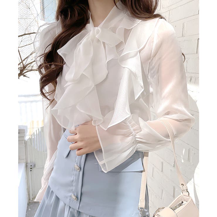 ホワイト | フリルシアーリボンブラウス ボウタイ ラッフルフリル | Riff