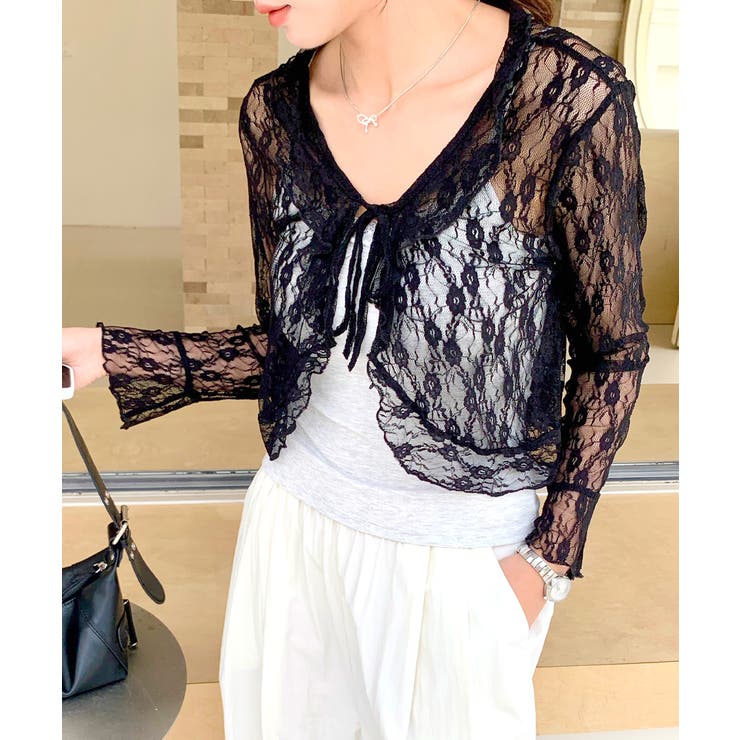 ブラック | フリルレースカーディガン ショート丈 リボン | Riff