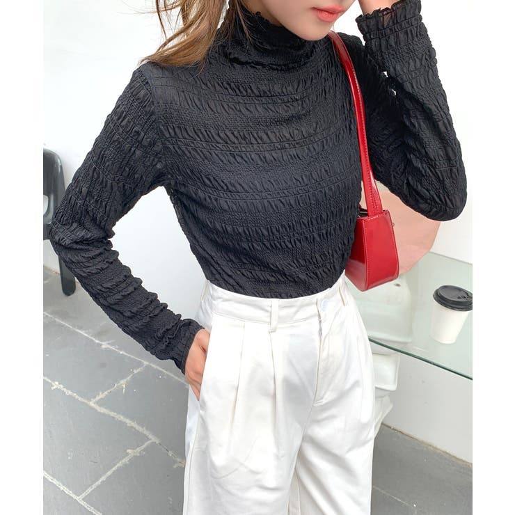 ブラック | メロウハイネックシアートップス フリル レース | Riff