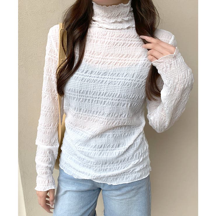 ホワイト | メロウハイネックシアートップス フリル レース | Riff