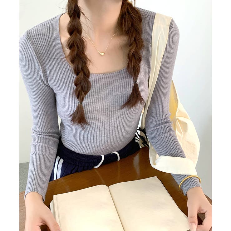 スクエアネックリブトップス リブニット 薄手ニット | Riff | 詳細画像4 