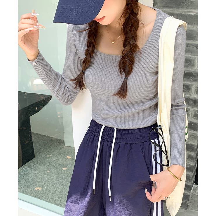 スクエアネックリブトップス リブニット 薄手ニット | Riff | 詳細画像7 