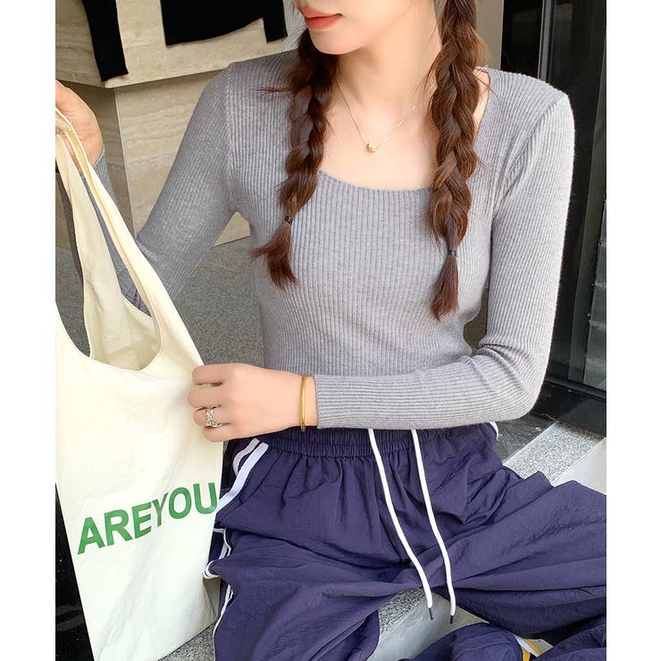 スクエアネックリブトップス リブニット 薄手ニット | Riff | 詳細画像8 