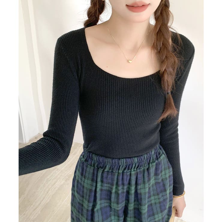 ブラック | スクエアネックリブトップス リブニット 薄手ニット | Riff