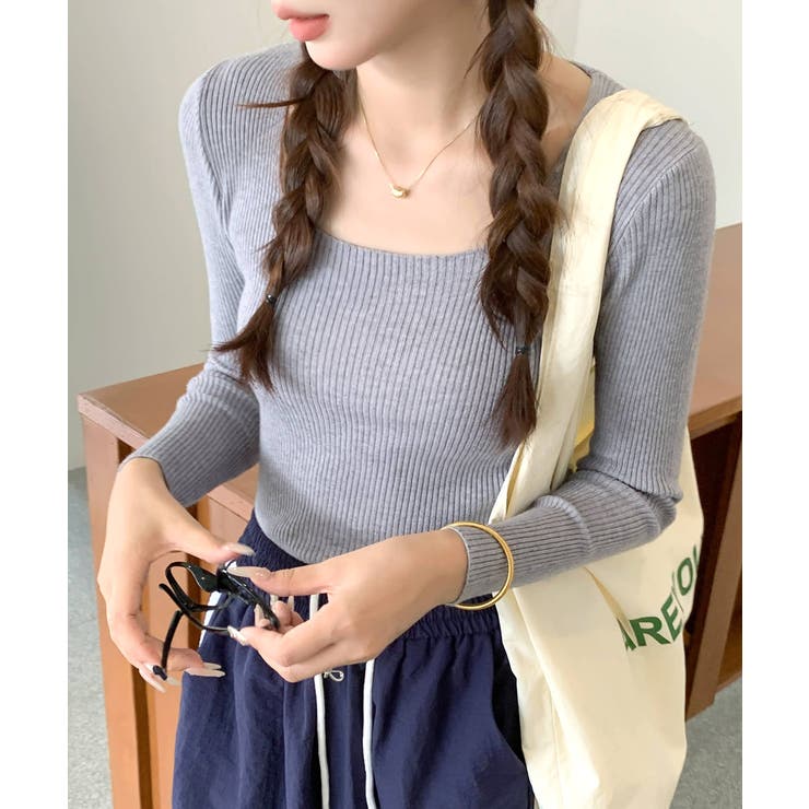 グレー | スクエアネックリブトップス リブニット 薄手ニット | Riff