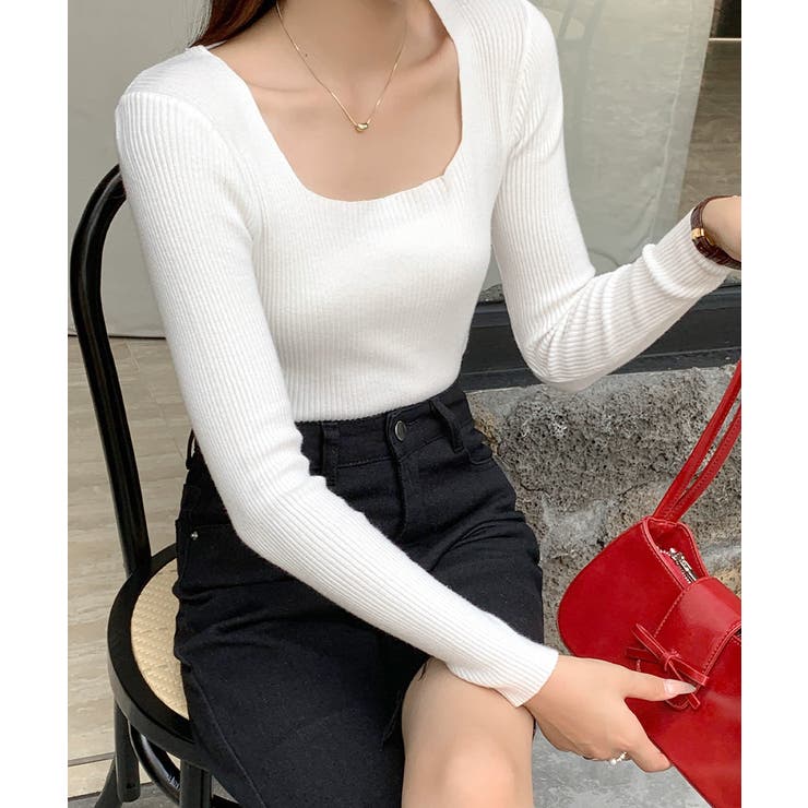 ホワイト | スクエアネックリブトップス リブニット 薄手ニット | Riff