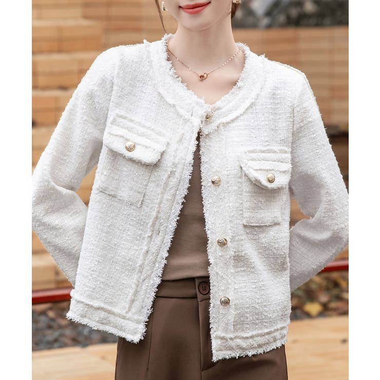 アイボリー | ツイードジャケット ノーカラージャケット フリンジ | Riff