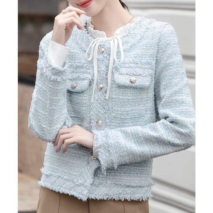 サックス | ツイードジャケット ノーカラージャケット フリンジ | Riff