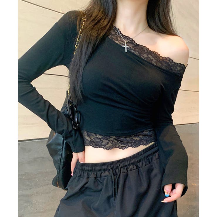 ブラック | レース切り替えオフショル ワンショル ストレッチ | Riff