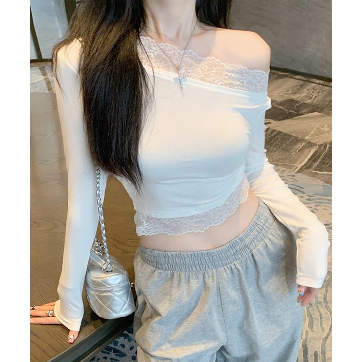 ホワイト | レース切り替えオフショル ワンショル ストレッチ | Riff