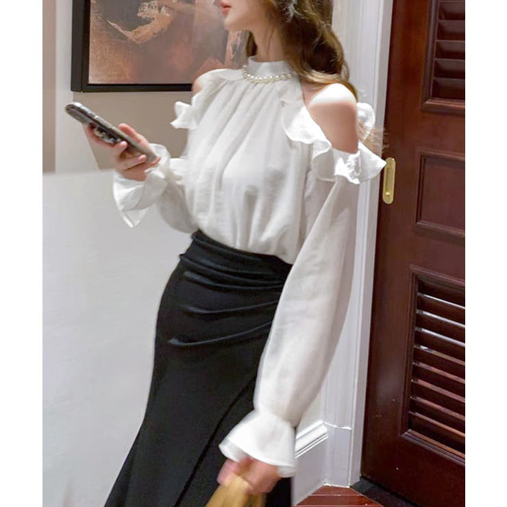 パールネックオープンショルダーシフォンブラウス フリル 肩開き | Riff | 詳細画像11 