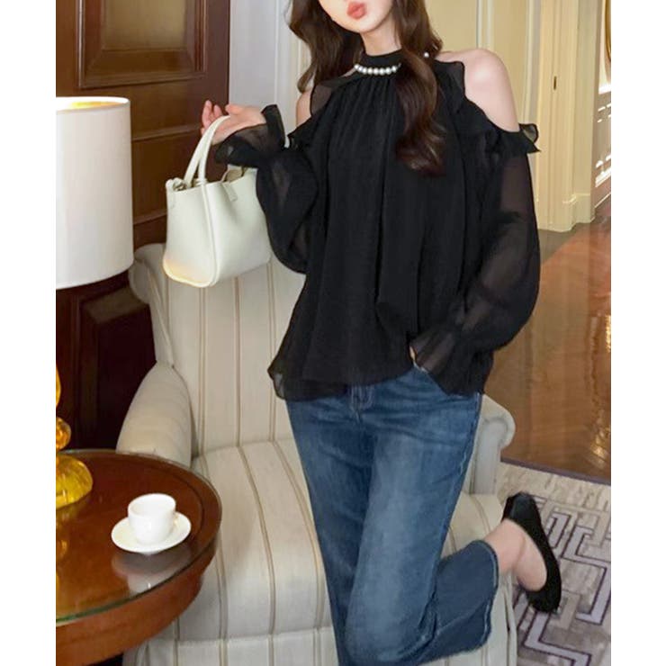 パールネックオープンショルダーシフォンブラウス フリル 肩開き | Riff | 詳細画像3 