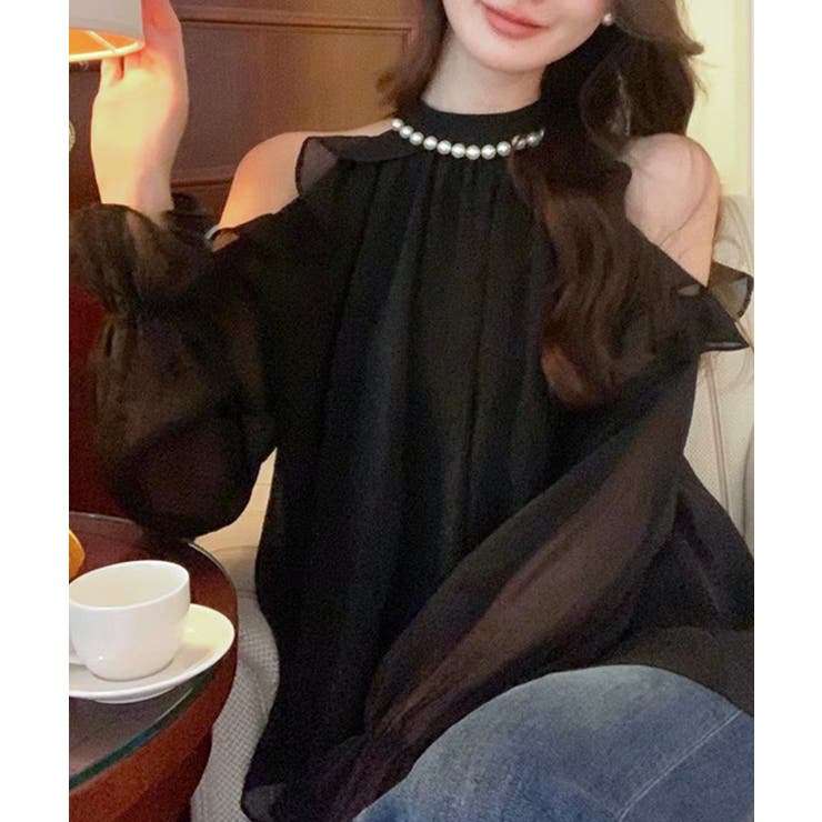 パールネックオープンショルダーシフォンブラウス フリル 肩開き | Riff | 詳細画像4 