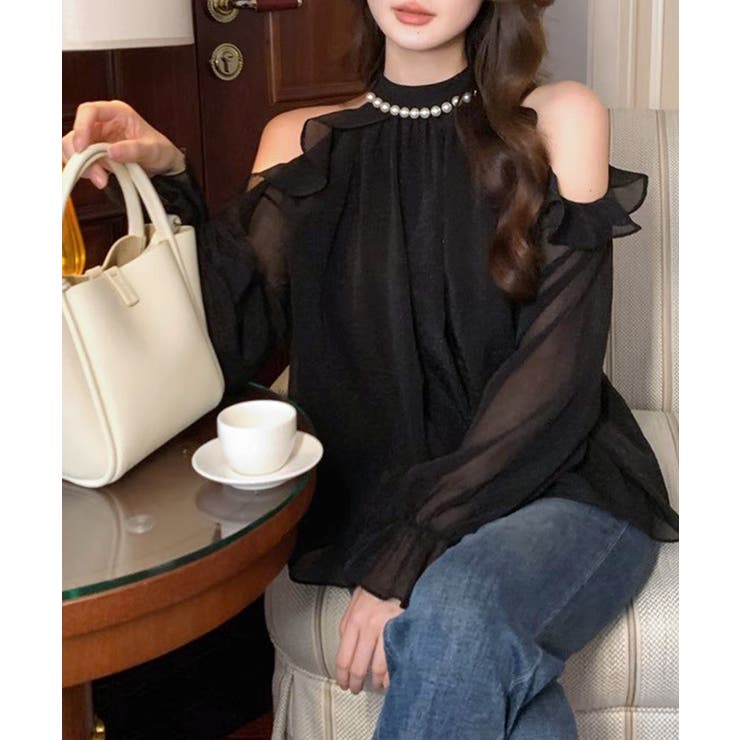 パールネックオープンショルダーシフォンブラウス フリル 肩開き | Riff | 詳細画像5 