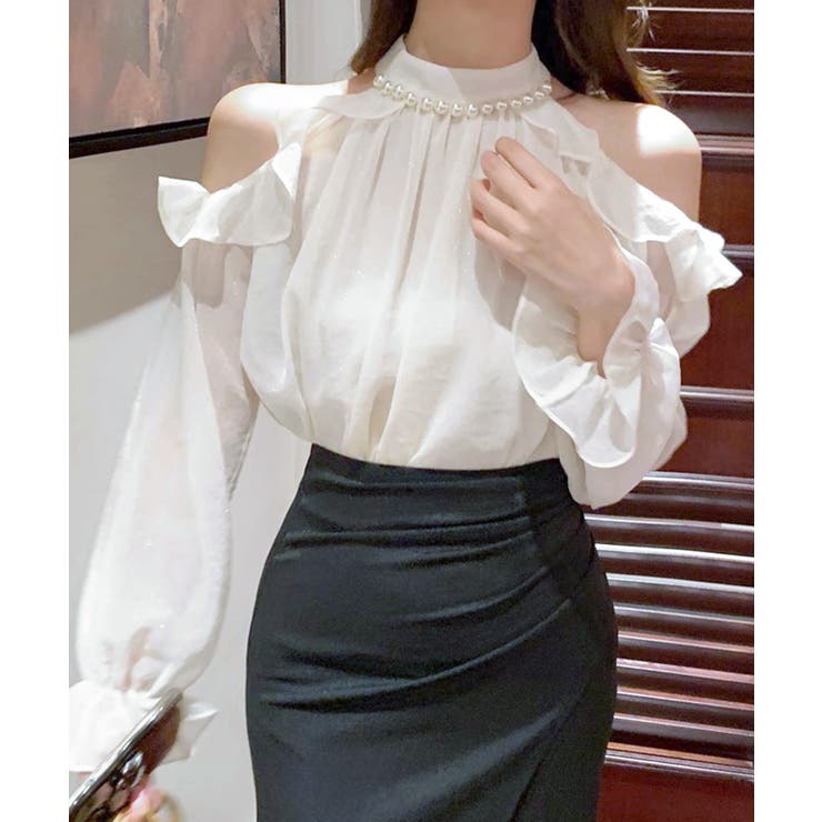 ホワイト | パールネックオープンショルダーシフォンブラウス フリル 肩開き | Riff