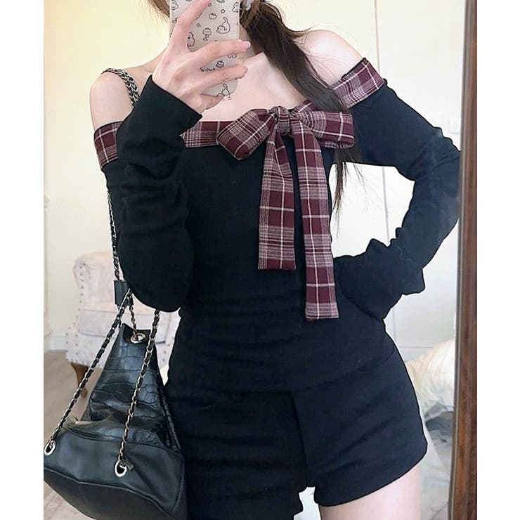 チェックリボンオフショルトップス オフショルダー Tシャツ | Riff | 詳細画像10 