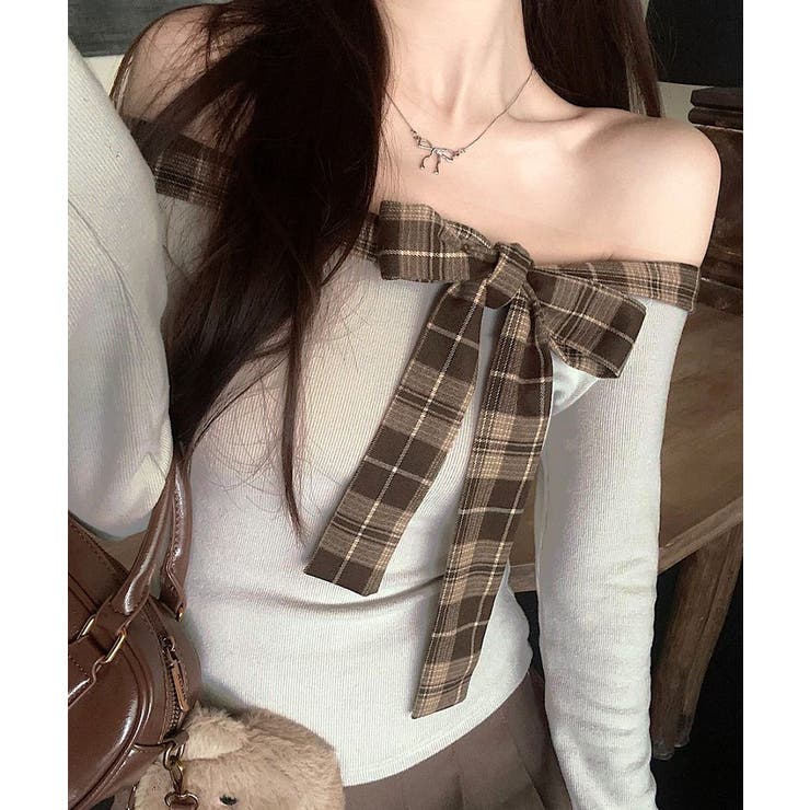チェックリボンオフショルトップス オフショルダー Tシャツ | Riff | 詳細画像13 