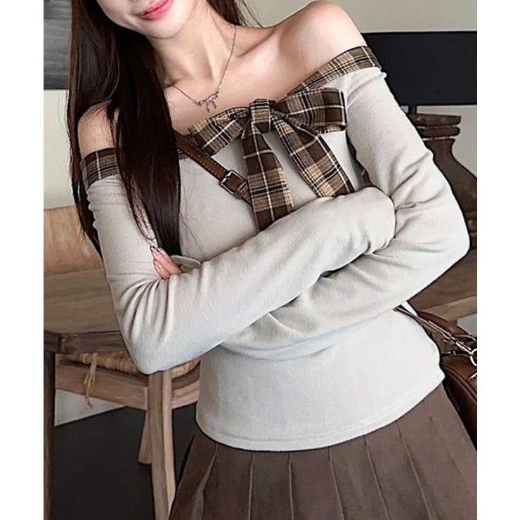 チェックリボンオフショルトップス オフショルダー Tシャツ | Riff | 詳細画像14 